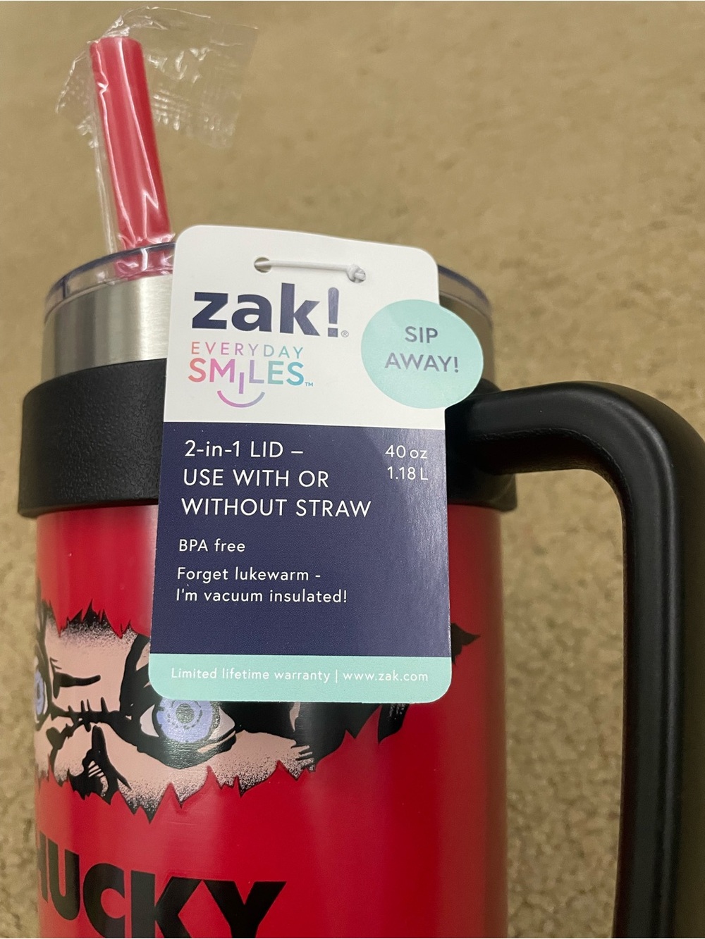 'Chucky' Red & Black Insulated Tumbler with Handle - Picture 2 of 5